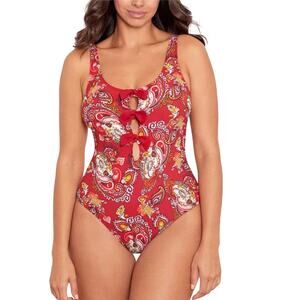 Skinny Dippers Miraclesuit NWT Alysa One-Piece Swimsuit Size M Bow Cutout Red